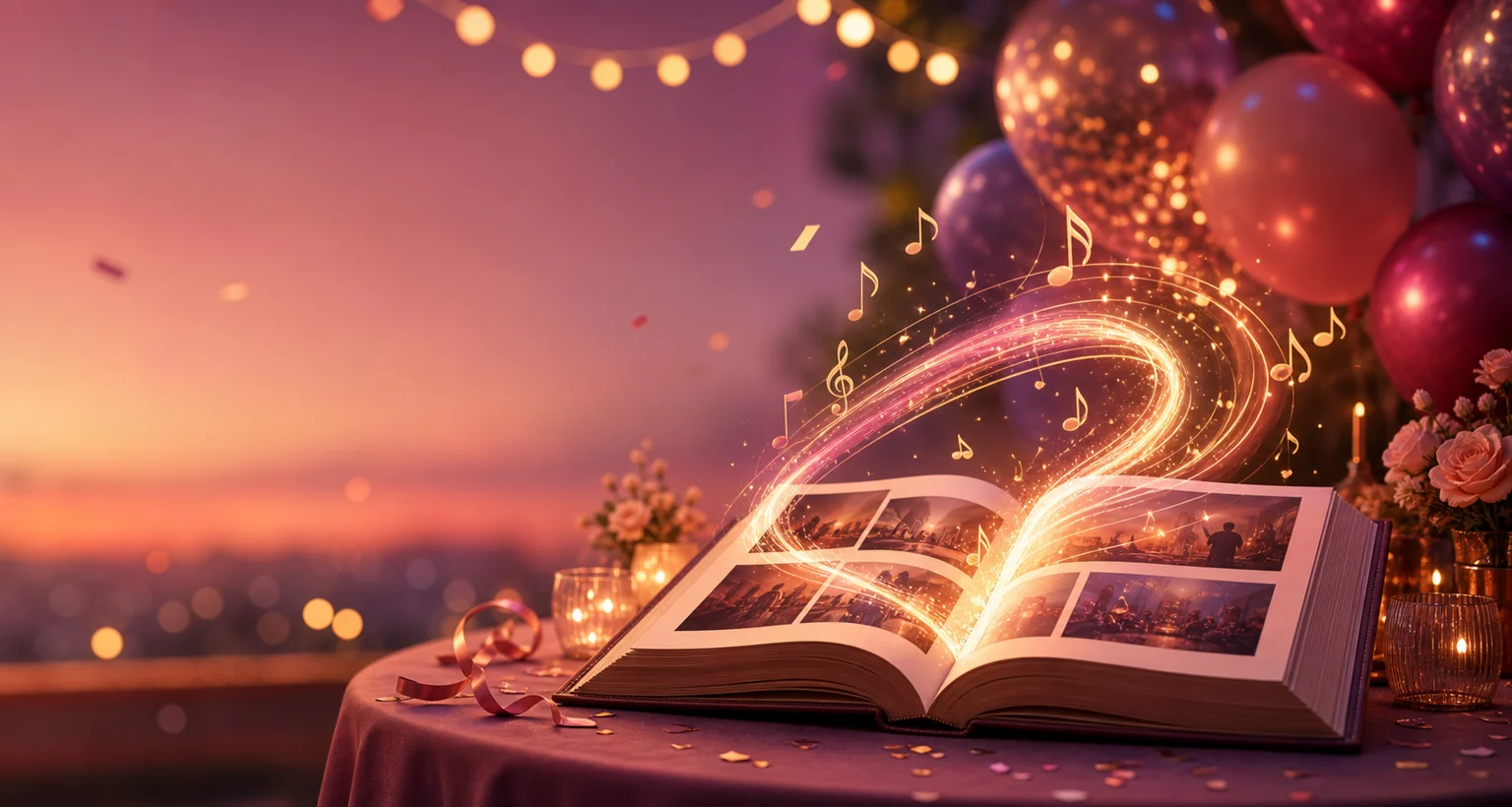 A glowing photo album releasing a ribbon of music at a birthday celebration