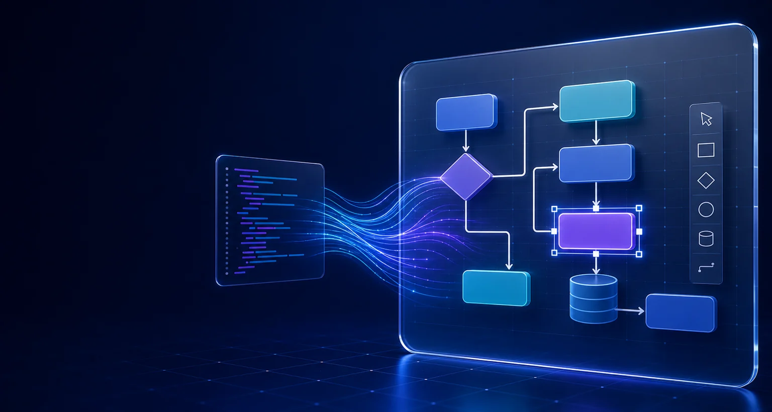 Structured code transforming into an editable architecture diagram
