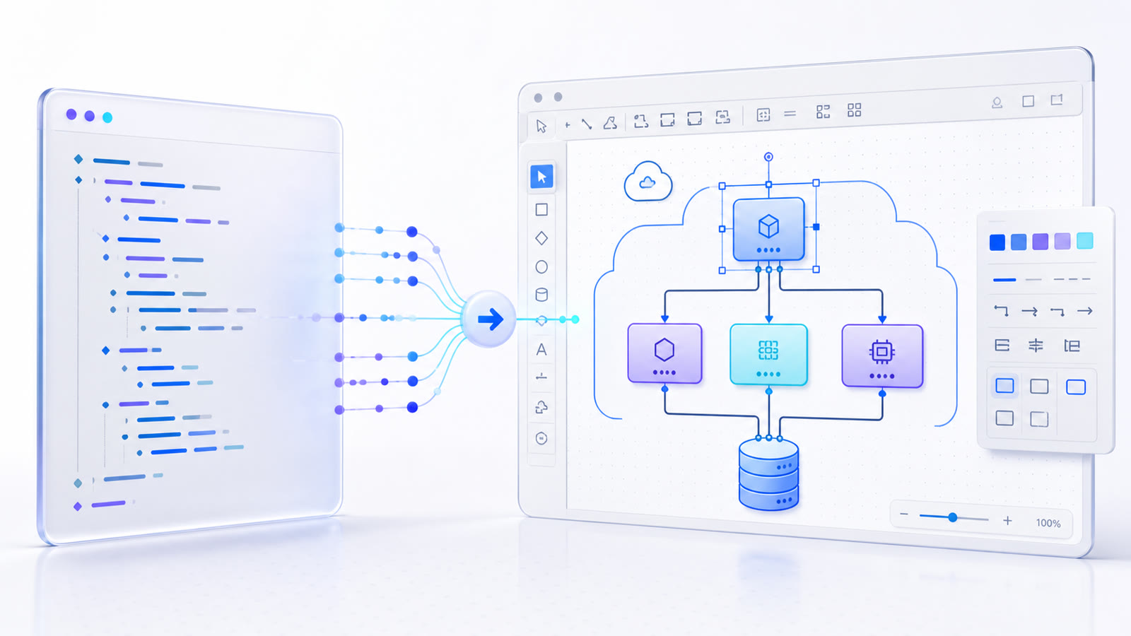 Mermaid diagram code flowing into editable Visio architecture shapes and connectors